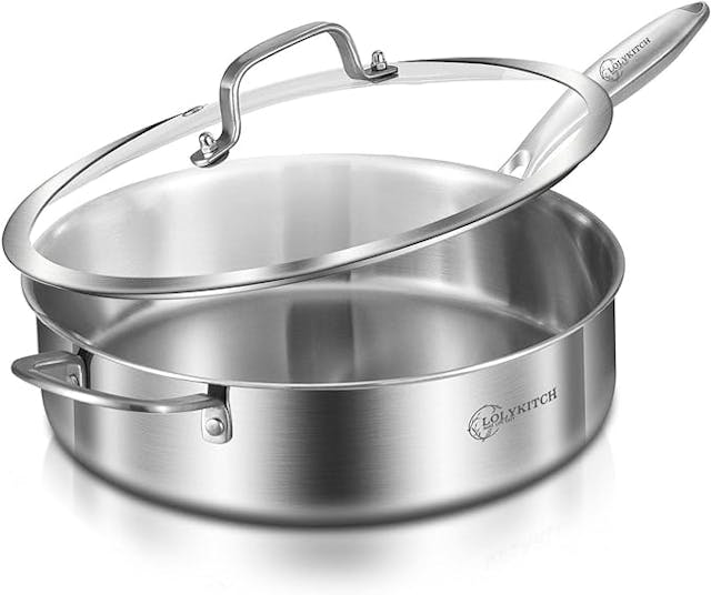 LOLYKITCH 6 QT Tri-Ply Stainless Steel Saute Pan with Lid,Deep Frying pan,Large Skillet,Jumbo Cooker,Induction Pan,Dishwasher and Oven Safe.